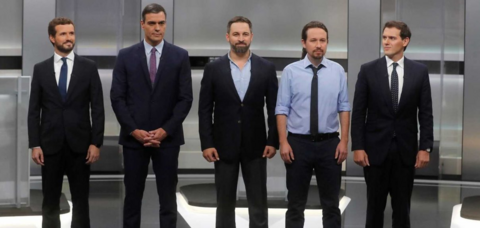 Captura de v&iacute;deo del debate de los candidatos a la presidencia, (i-d) Pablo Casado (PP), Pedro S&aacute;nchez (PSOE), Santiago Abascal (Vox), Pablo Iglesias (UP) y Albert Rivera (Cs) el pasado 4 de noviembre de 2019, de cara a las elecciones del 10N.