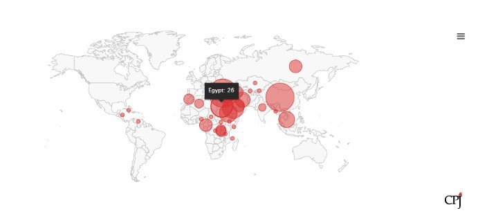 Mapamundi del Comittee to Protect Journalists (CPJ) que destaca los 26 periodistas encarcelados en Egipto en 2019 | CPJ